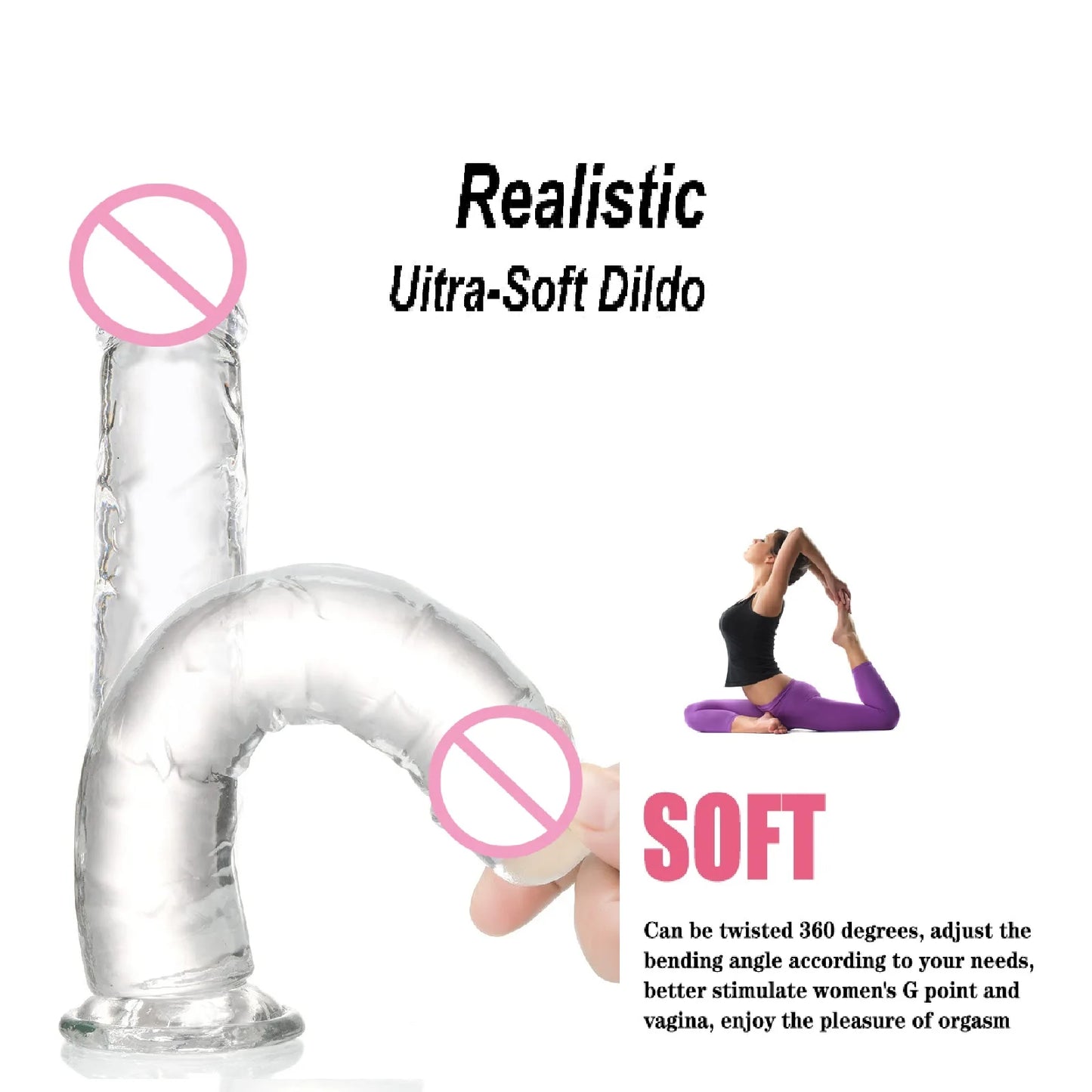 Realistisk transparent dildo med stark sugpropp – Lätt att rengöra, för kvinnor och g-punktstimulering