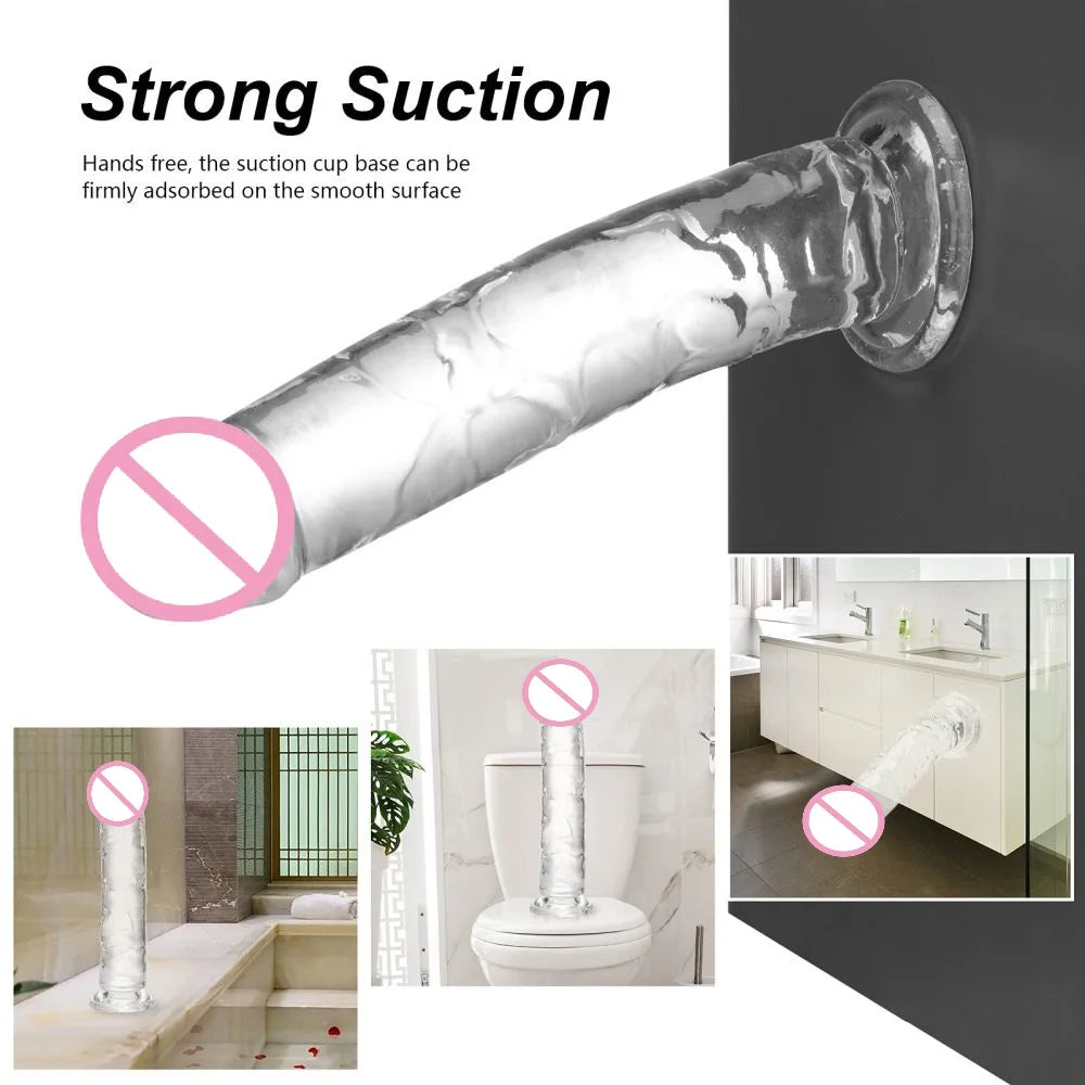 Realistisk transparent dildo med stark sugpropp – Lätt att rengöra, för kvinnor och g-punktstimulering
