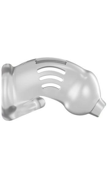 Töjbar penisbur i mjukt TPE med öppning framtill, flexibel och bekväm för chastity-lek.