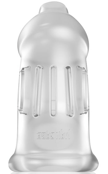 Töjbar penisbur i mjukt TPE med öppning framtill, flexibel och bekväm för chastity-lek.