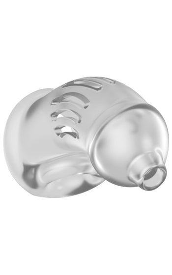 Töjbar penisbur i mjukt TPE med öppning framtill, flexibel och bekväm för chastity-lek.