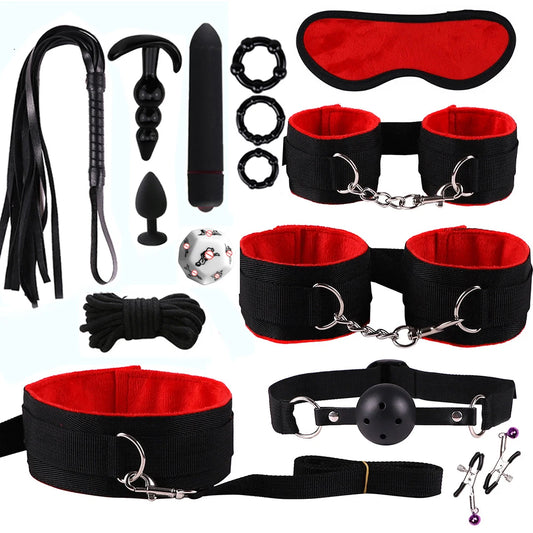 Komplett BDSM kit för kvinnor och par- hanbojor, piska, ögonbindel m.m.
